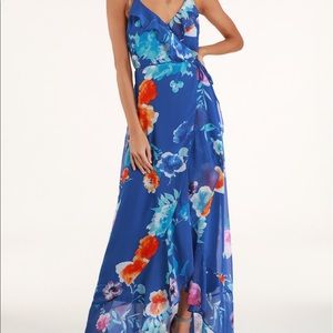 Royal blue floral print ruffle wrap maxi dress